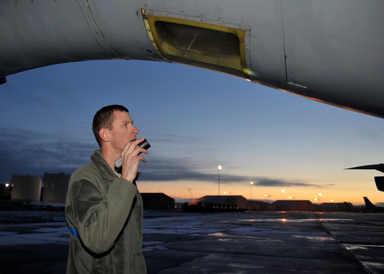 Senior Airman Joshua Kearney, 92nd Aircraft Maintenance Squadron crew chief, inspects the tail end of a KC-135 Stratotanker Jan. 12, 2015, at Fairchild Air Force Base, Wash. Kearney’s leadership team selected him as one of Fairchild’s Finest, a weekly recognition program that highlights top-performing Airmen. (U.S. Air Force photo/Airman 1st Class Taylor Bourgeous)