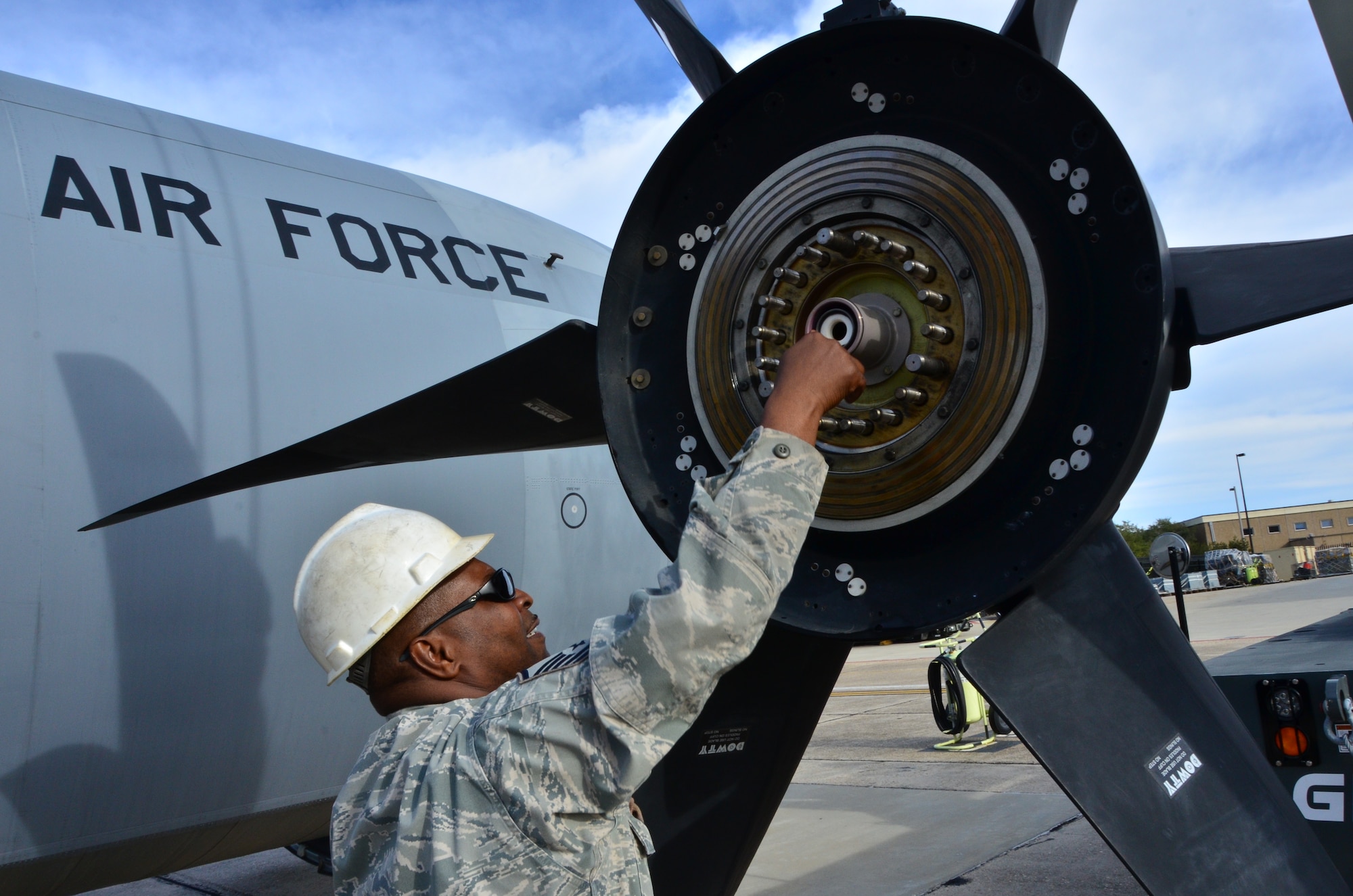 Master Sgt. Donald Maloid readies a propeller to be mounted back onto a C-130J engine after a repair on the Keesler Air Force Base flight line during unscheduled maintenance. (U.S. Air Force photo/Master Sgt. Brian Lamar)