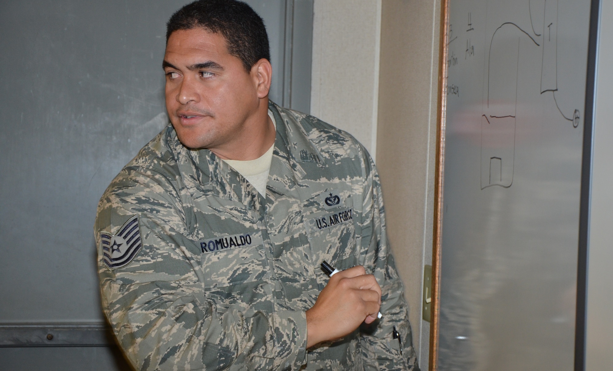 Tech. Sgt. Kaohilii Romualdo, assistant chief of training with the 624th Civil Engineering Squadron's fire department, gives a preburn briefing to firefighters in preparation for a live-fire training exercise, Hickam Field, Hawai’i, Jan. 10, 2015. Sergeant Romualdo is required to discuss all facets of each evolution to be conducted and give out assignments to all crews participating in the training exercise. (U.S. Air Force photo by Tech. Sgt. Phyllis Keith)

