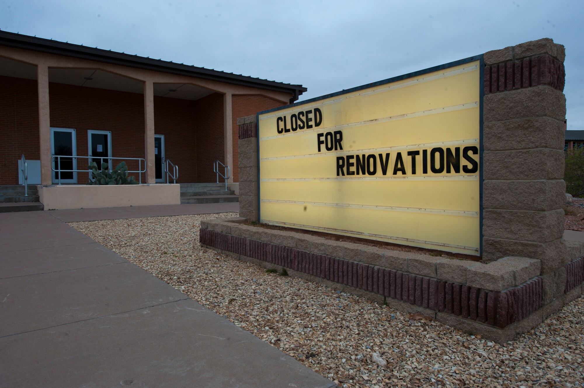 The Holloman Base Theatre marquee posts a sign indicating the theatres closure for upcoming renovations at Holloman Air Force Base, N.M., Jan.14. Members of Team Holloman will have to hold off on movie-going for just a few months as Holloman’s Base Theatre undergoes some needed renovation. The theatre, managed by 49th Force Support Squadron’s Outdoor Recreation, will continue to show the same beloved and free movies as it had before, but with a more modern and comfortable feel. (U.S. Air Force photo by SrA Daniel Liddicoet/Released)