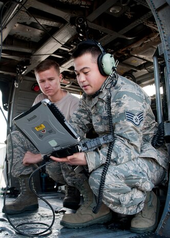 Staff Sgt. Mark Llaneza (right), an HH-60G Pave Hawk guidance and control avionics maintainer from the 176th Maintenance Squadron, Joint Base Elmendorf, Alaska, and Airman 1st Class Austin Williams, 823rd Maintenance Squadron HH-60 guidance and control avionics maintainer, preform maintenance training at Nellis Air Force Base, Nev., Jan. 12, 2015. The Airmen were performing maintenance training on the rotor tilt of the HH-60. (U.S. Air Force photo by Senior Airman Thomas Spangler)
