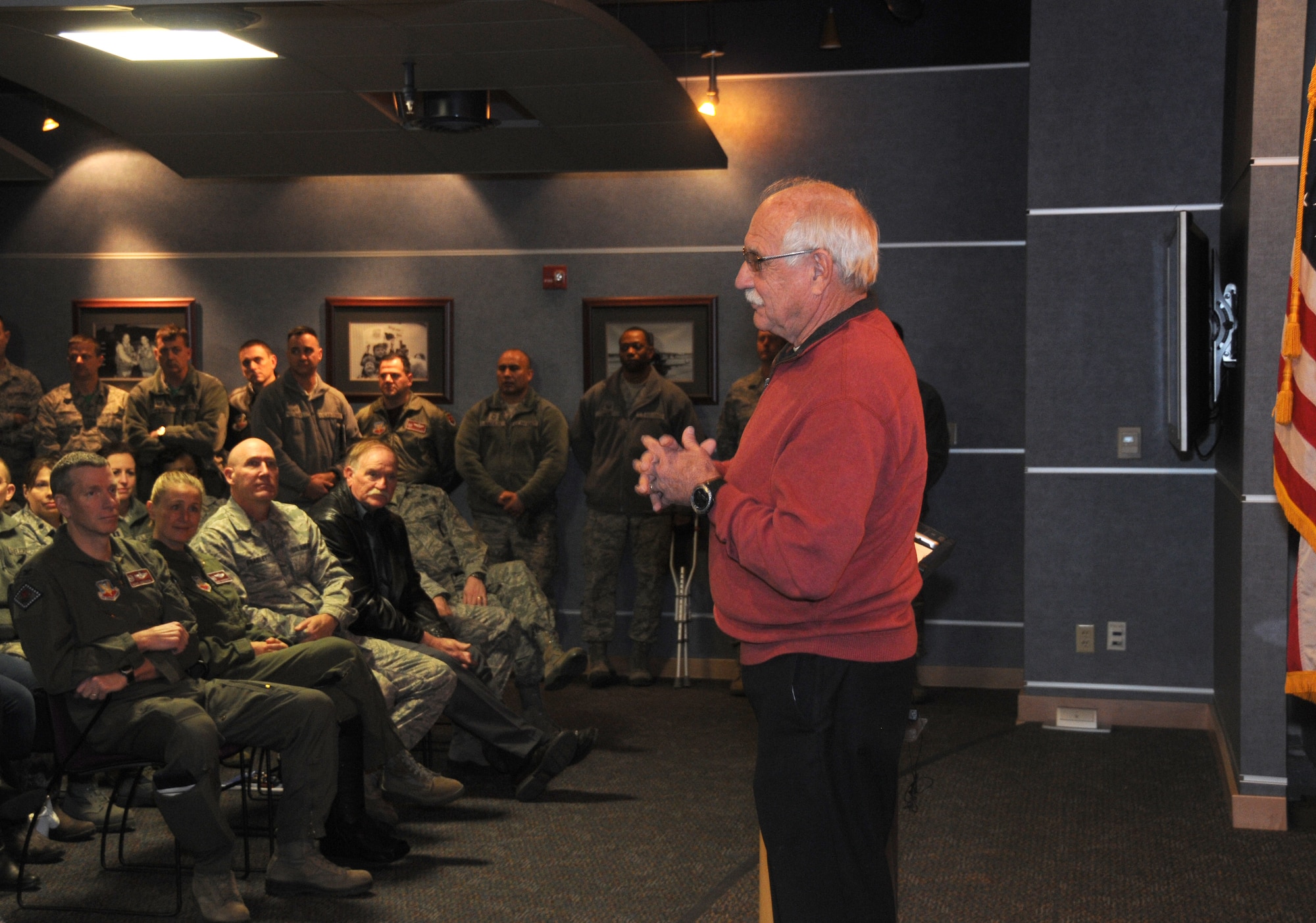 Mr. Larry Brown speaks at Ebbing Air National Guard Base, Fort Smith, Ark., Jan. 9, 2015. Brown spoke to the service members about his son, U.S. Navy SEAL Adam Brown, whose story was made famous in the book "Fearless" by Eric Blehm. The book was written after his son made the ultimate sacrifice in support of Operation Enduring Freedom. (U.S. Air National Guard photo by Airman 1st Class Cody Martin/released)