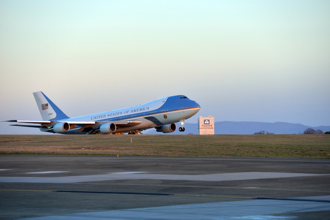 Air Force One departs East Tennessee and McGhee Tyson ANG Base on Jan. 9.  President Barack Obama visited Knoxville area, specifically Pellissippi State Community College to announce a new education initiative. (U.S. Air National Guard photo by Master Sgt. Kendra M. Owenby, 134 ARW Public Affairs)