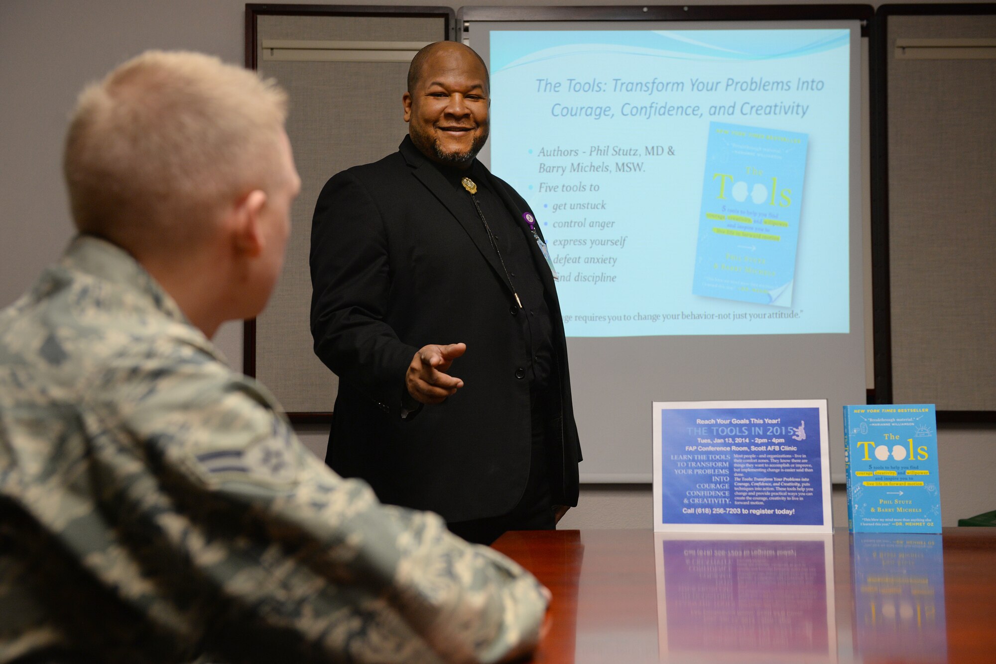 William White, the 375th Medical Group Family Advocacy Program Outreach Manager, teaches the Stress Management Class that is offered at the 375th Medical Group, Scott Air Force Base, Ill., Jan. 9, 2015. Family Advocacy recently revamped the course based off of feedback from attendees of previous classes to better help members of Team Scott. The material used is based off the book, The Tools:  5 Tools to Help you Find Courage, Creativity, and Willpower and Inspire you to Live Life in Forward Motion. (U.S. Air Force photo by Airman 1st Class Erica Crossen)