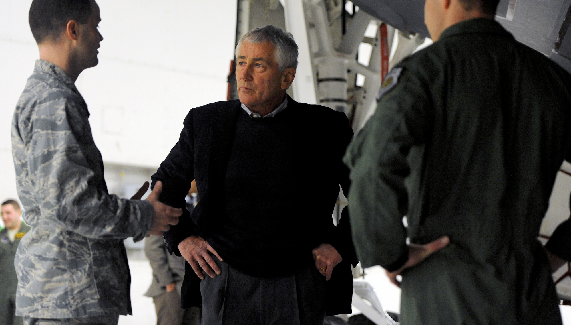 Secretary of Defense Chuck Hagel talks with Maj. Aaron Hager about the capabilities of the B-2 Spirit Jan. 13, 2015 at Whiteman Air Force Base, Mo. The B-2 provides the penetrating flexibility and effectiveness inherent in manned bombers.  Its low-observable, or "stealth," characteristics give it the unique ability to penetrate an enemy's most sophisticated defenses and to threaten its most valued, and heavily defended, targets. Its capability to penetrate air defenses and threaten effective retaliation provides a strong, effective deterrent and combat force. (U.S. Air Force photo by Airman 1st Class Jovan Banks/Released)