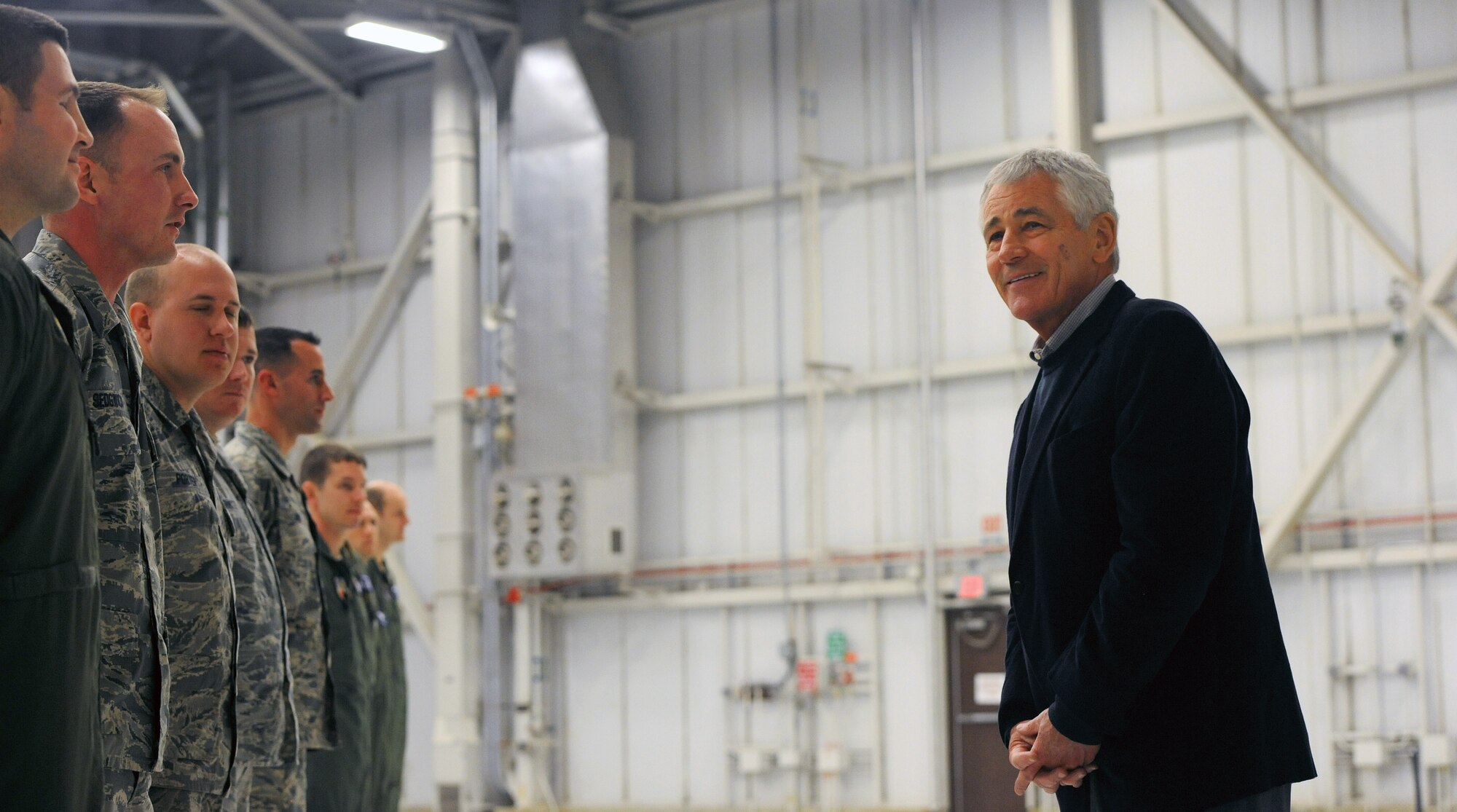 Secretary of Defense Chuck Hagel shares a laugh with Airmen Jan. 13, 2015 at Whiteman Air Force Base, Mo. (U.S. Air Force photo by Airman 1st Class Jovan Banks/Released)