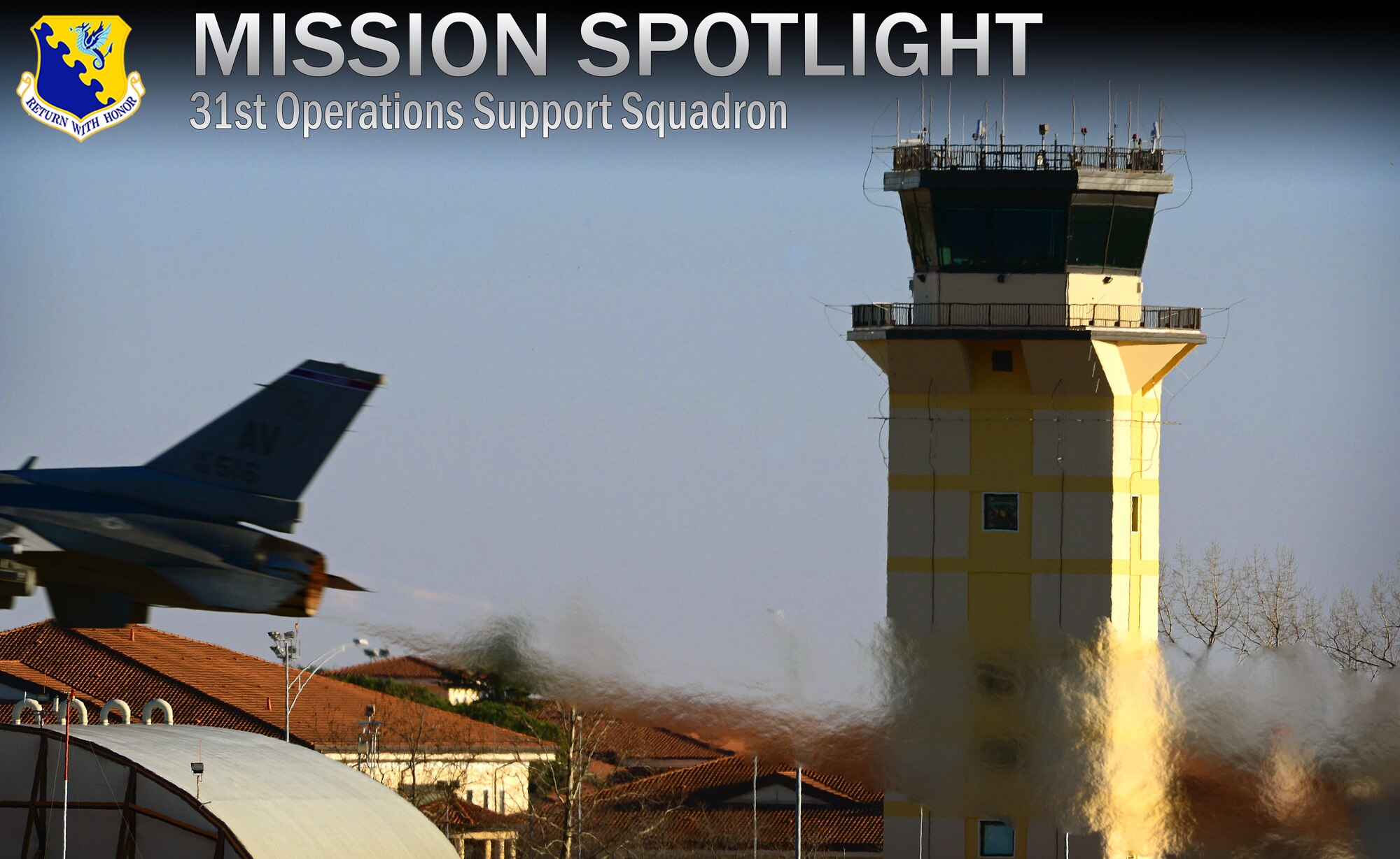 An F-16 Fighting Falcon takes off past the 31st Operations Support Squadron air control tower, Jan. 12, 2014, at Aviano Air Base, Italy.  Airfield responsibilities are shared between air traffic control Airmen assigned to radar approach control and the air control tower. (U.S. Air Force photo/Senior Airman Matthew Lotz)