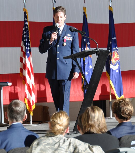 Col. Courtney Arnold addresses the crowd during his retirement ceremony Jan. 10, 2015. Arnold served his country for more than 26 years, most recently as the vice-Commander of the 302nd Airlift Wing. (U.S. Air Force photo/Master Sgt. Daniel Butterfield)