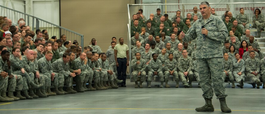Col. James M. Phillips, commander of the 919th Special Operations Wing, addresses the Airmen the annual commander’s call Dec. 7, at Duke Field Fla.  He briefed on safety, sexual assault prevention and took questions from the audience.  (U.S. Air Force photo by Tech. Sgt. Jasmin Taylor)