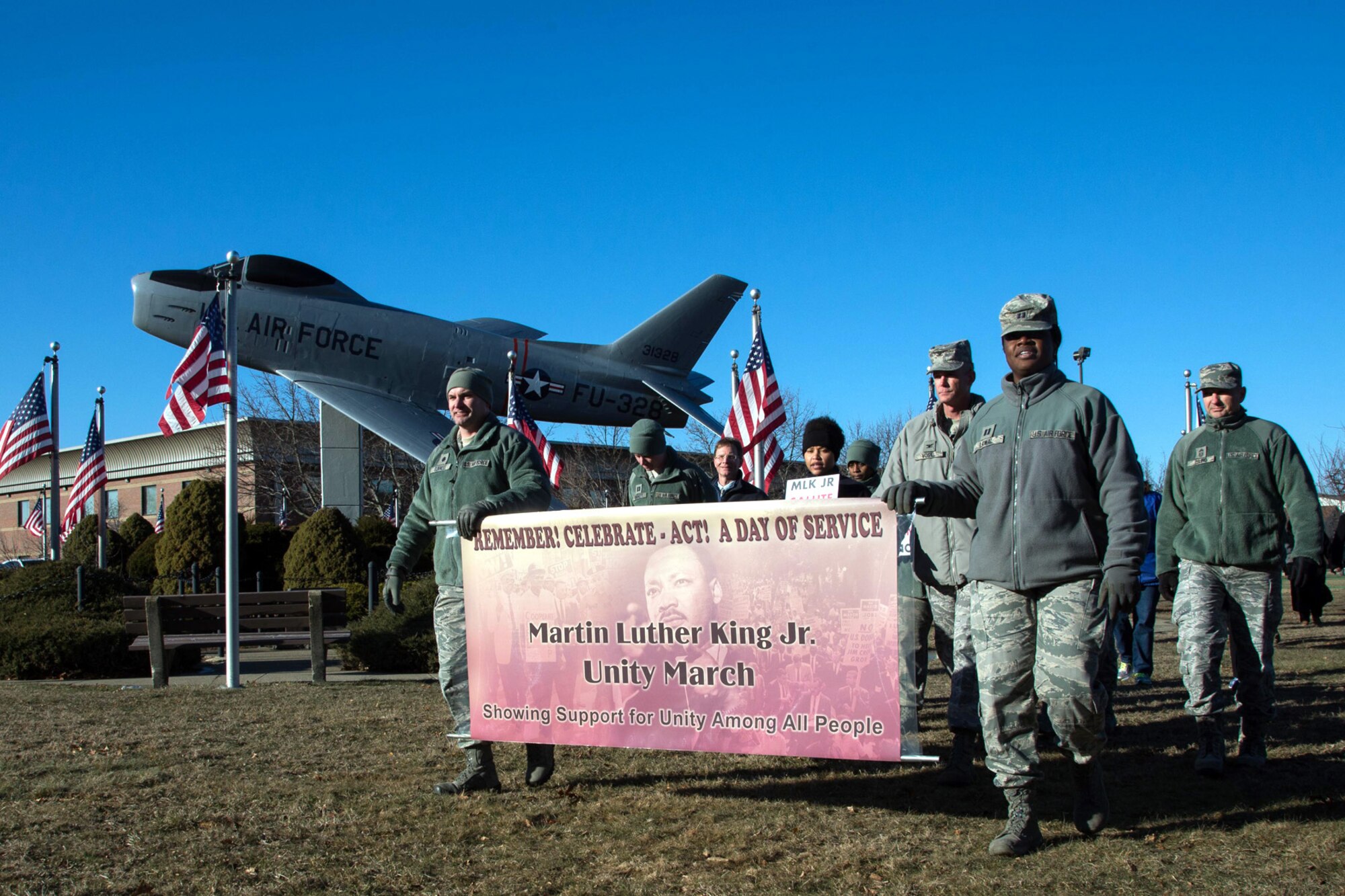 Members of the Hanscom community participate in a one-mile Unity March throughout the base Jan. 13 as part of remembering Dr. Martin Luther King Jr. throughout the week. The march was sponsored by the MLK Jr. Observance Day Committee and provided the opportunity for members of the community to unite in support of diversity and unity among all. U.S. Air Force photo by Mark Herlihy)