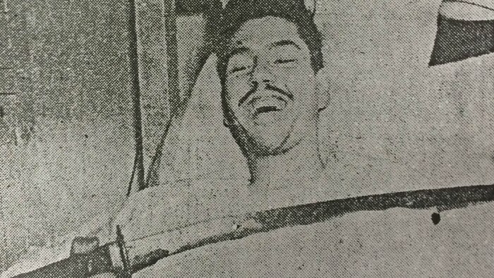 John L. L'Abbe, native of Boise, Idaho, served with 2nd Battalion, 8th Marine Regiment, 2nd Marine Division from 1942 to 1945. L'Abbe was hit in the legs by a grenade at the Battle of Tarawa. While lying on the beach injured, a Japanese officer tried to slay L'Abbe with his sword. L'Abbe seized the enemy's sword and killed him with it. The photo is courtesy of L'Abbe, who sent this newspaper clipping in a letter addressed to 2nd Bn., 8th Marines, Nov. 18, 2014.