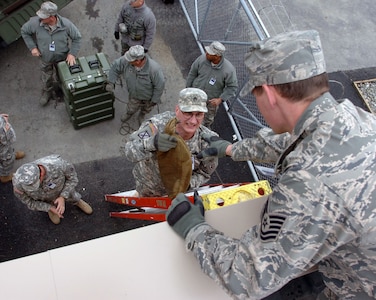 Army Sgt. First Class Ken Colvin, Joint Forces Headquarter - North Carolina computer specialist, hands a sandbag to Tech Sgt. Joseph Bishop, 263rd Combat Communications Squadron, North Carolina Air National Guard, assisting to stabilize a satellite on the roof of the Alaska National Guard armory in Kenai during the Alaska National Guard Vigilant Guard exercise April 25. Both Guardsmen are members of Joint Task Force Tarheel and are conducting training exercises for natural disaster relief during Alaska Shield 2010.