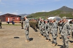 North Dakota National Guard members from Multinational Battle Group East and the Turkish contingent salute the changing of flags during a ceremony April 26, 2010. 