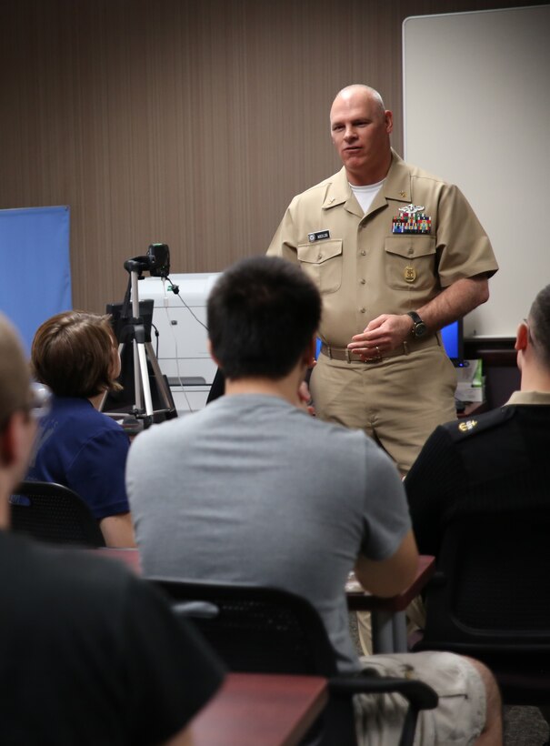 Master Chief Petty Officer Dino Medler, the 13th senior enlisted leader for the religious program specialist rating, addresses Sailors and Navy recruits Jan. 14, 2014 at the Naval Air Station Joint Reserve Base New Orleans Military Entrance Processing Center. Medler visited with Sailors at Marine Forces Reserve and NAS JRB New Orleans to celebrate the 36th anniversary of the creation of the religious program specialist rating, which was created Jan. 15, 1979. The religious program specialists at Marine Forces Reserve provide support to Navy chaplains in developing programs to meet the needs of Sailors and Marines throughout the Reserve Force.  