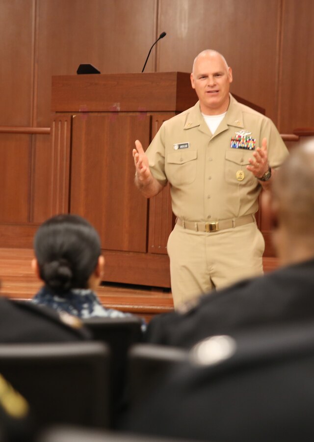 Master Chief Petty Officer Dino Medler, the 13th senior enlisted leader for the religious program specialist rating, addresses chaplains and religious program specialists Jan. 14, 2014, at Marine Corps Support Facility New Orleans. Medler visited with Sailors at Marine Forces Reserve and Naval Air Station Joint Reserve Base New Orleans to celebrate the 36th anniversary of the creation of the religious program specialist rating, which was created Jan. 15, 1979. The religious program specialists at Marine Forces Reserve provide support to Navy chaplains in developing programs to meet the needs of Sailors and Marines throughout the Reserve Force. 