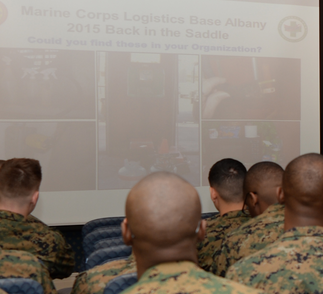 Slides of safety hazards are shown during "Back in the Saddle" training to Marines at Marine Corps Logistics Base Albany's Conference Center, Jan. 15.