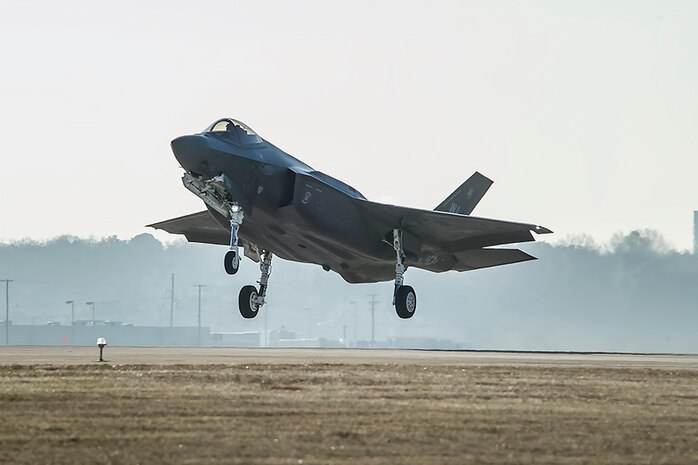 An F-35A Lightning II, piloted by Capt. Brent Golden, 16th Weapons Squadron instructor, launches from the Lockheed Martin plant in Fort Worth, Texas, Jan. 15, 2015. (Photo by Angel DelCueto, Lockheed Martin)