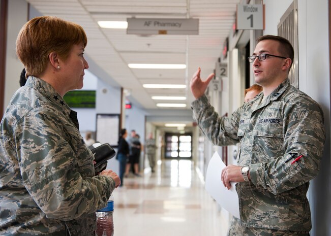 Capt. Victor Perri (right), 99th Medical Support Squadron pharmacist, briefs Maj. Gen. Dorothy Hogg, U.S. Air Force director of medical operations and research and chief of the nurse corps, on the operations of the pharmacy at the Mike O’Callaghan Federal Medical Center, Nellis Air Force Base, Nev., Jan. 13, 2015. Hogg was visiting Nellis and the nearby University Medical Center of Southern Nevada to discuss the benefits of the Sustained Medical and Readiness Trained, or SMART, program. (U.S. Air Force photo by Senior Airman Thomas Spangler) 