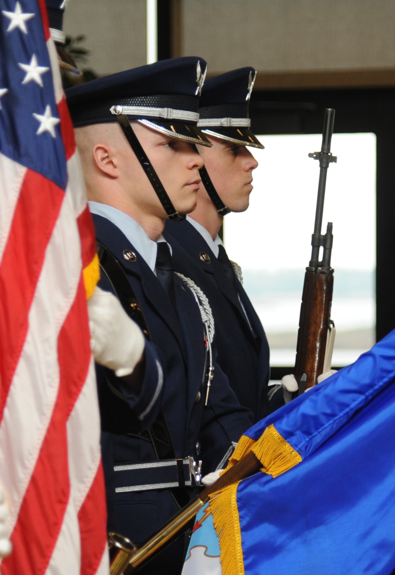 Members of the Keesler Honor Guard post the colors at the annual Dr. Martin Luther King Jr. Memorial Luncheon Jan. 13, 2015, at the Bay Breeze Event Center, Keesler Air Force Base, Miss. The guest speaker for the event was Maj. Gen. Mark Brown, 2nd Air Force commander. (U.S. Air Force photo by Kemberly Groue)
