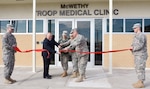 (From left) Curtis Aberle, McWethy Troop Medical Clinic chief; Brig. Gen. Barbara Holcomb, commander of Southern Regional Medical Command; Col. Carol Rymer, Optometry Service chief; and Col. Evan Renz, Brooke Army Medical Center commander, cut the ribbon officially reopening McWethy Troop Medical Clinic Jan. 6 after a 16-month, $13 million renovation.
Photo by Robert Shields