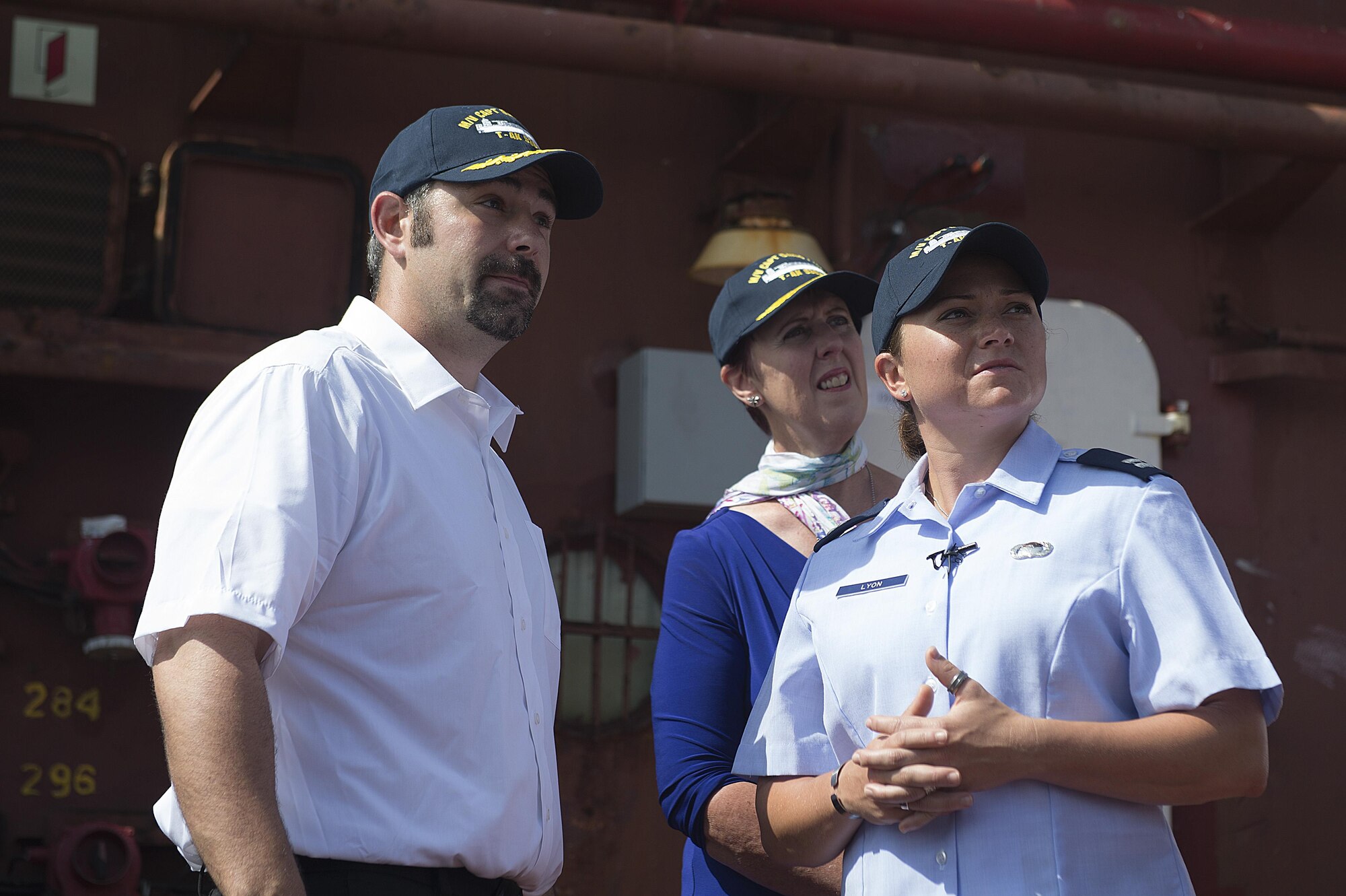 Capt. Dana M. Lyon, widow of Capt. David I. Lyon, tours the Motor Vessel Capt. David I. Lyon, Aug. 11, 2014, at Military Ocean Terminal Sunny Point in Southport, N.C. The MV Capt. David I. Lyon is an Air Force prepositioning vessel named in honor of Capt. David I. Lyon, an Air Force logistics readiness officer and 2008 U.S. Air Force Academy graduate who was killed in action Dec. 27, 2013, in Afghanistan. The vessel will transport critical war reserve materiel to locations around the globe. (U.S. Air Force photo/Tech. Sgt. Jason Robertson) 