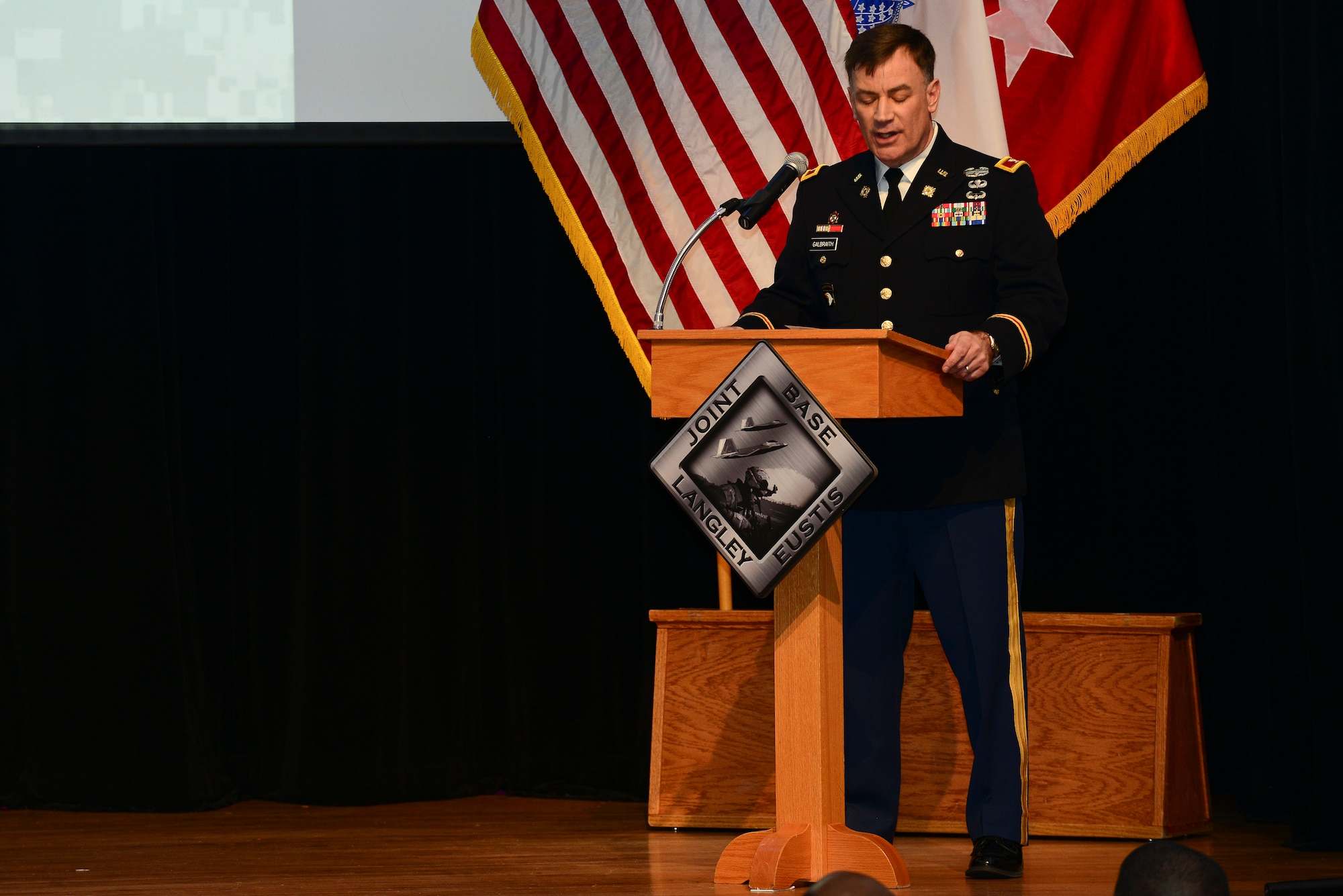 U.S. Army Col. William Galbraith, 733rd Mission Support Group commander, gives opening remarks during a Community Listening Session at Fort Eustis, Va., Jan. 13, 2015. The session included briefings from local elected officials about the impact the Army has on the local community. (U.S. Air Force photo by Senior Airman Kimberly Nagle/Released)