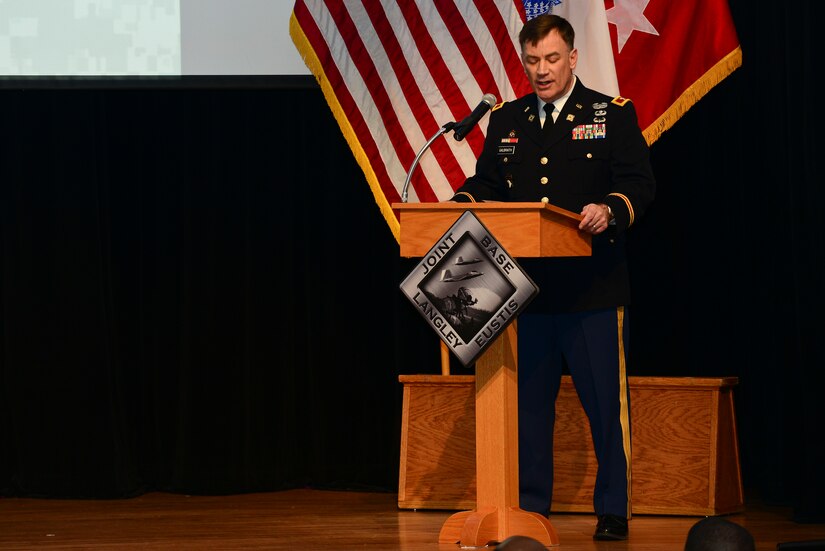 U.S. Army Col. William Galbraith, 733rd Mission Support Group commander, gives opening remarks during a Community Listening Session at Fort Eustis, Va., Jan. 13, 2015. The session included briefings from local elected officials about the impact the Army has on the local community. (U.S. Air Force photo by Senior Airman Kimberly Nagle/Released)