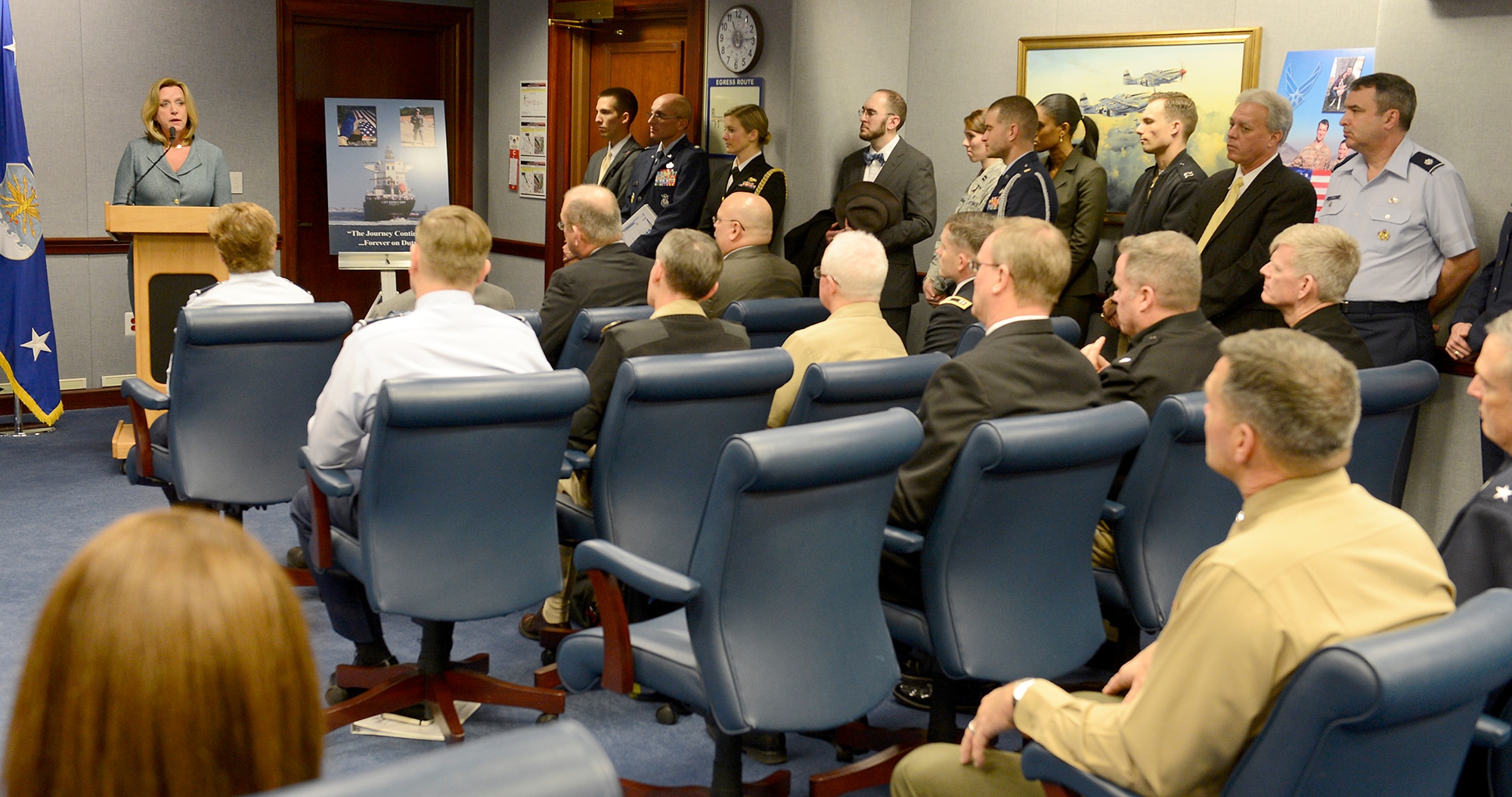 Secretary of the Air Force Deborah Lee James speaks during the naming ceremony of the Motor Vessel Capt. David I. Lyon, Jan. 14, 2015, in the Pentagon. The vessel was named in honor of Capt. David Lyon, who was killed in action Dec. 27, 2013, while serving in support of Operation Enduring Freedom. (U.S. Air Force photo/Scott M. Ash)