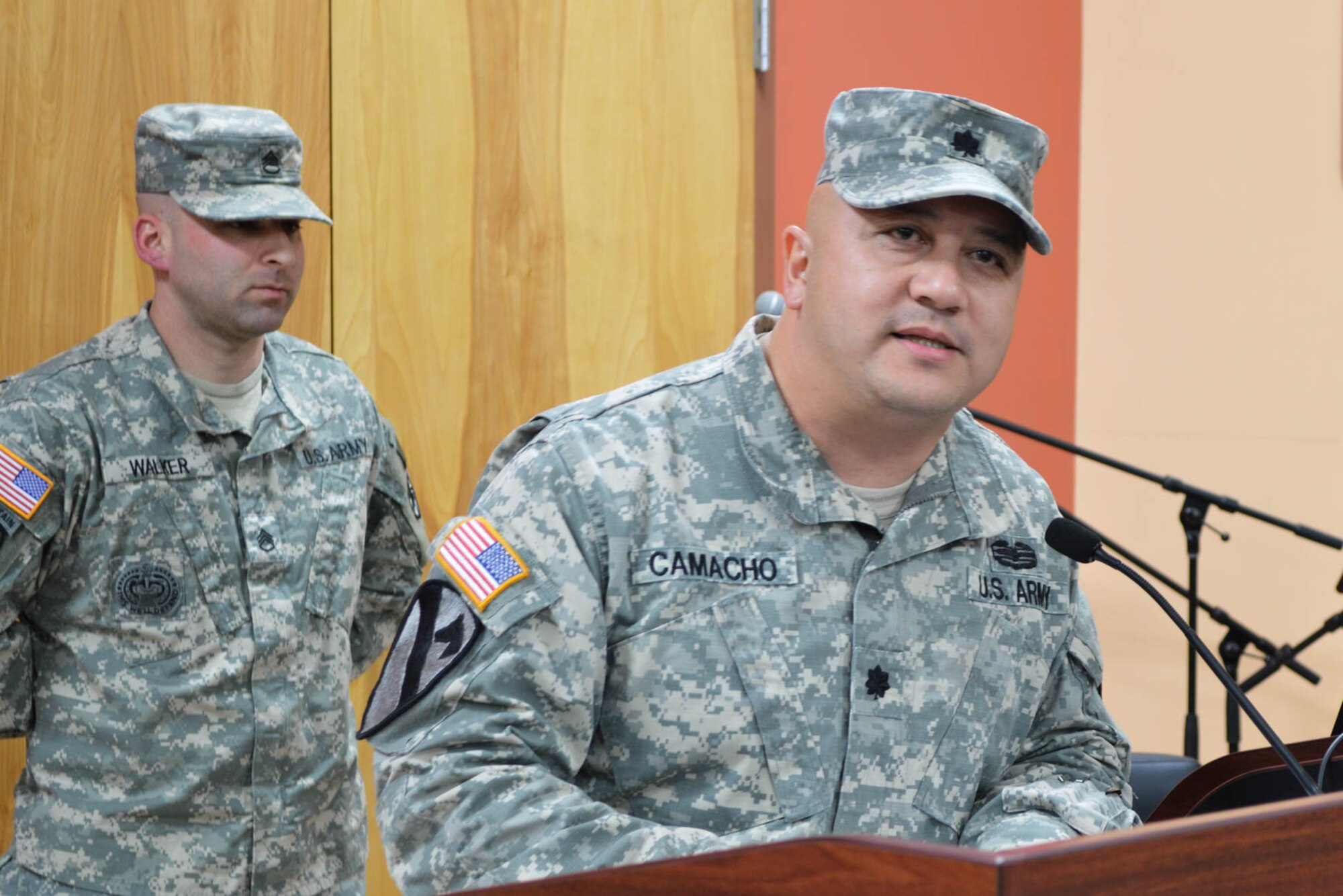 U.S. Army Lt. Col. Lawrence Camacho, 53rd Transportation Battalion (Movement Control), 7th Transportation Brigade (Expeditionary) commander, speaks to the Soldiers of the 510th Human Resource Company, 53rd Trans. Btn. (MC), 7th Trans. Bde. (Ex.) during a re-deployment ceremony at Fort Eustis, Va., Jan. 13, 2015. The ‘Regulators’ team returned from a nine-month deployment in support of Operation Enduring Freedom. (U.S. Army photo by Spc. Marian Alleva/Released)