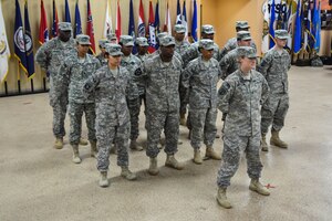 U.S. Army Soldiers assigned to the 510th Human Resource Company, 53rd Transportation Battalion (Movement Control), 7th Transportation Brigade (Expeditionary), stand in formation during a re-deployment ceremony at FortEustis, Va., Jan. 13, 2015. The 16-person team was responsible for processing transportation movement releases, convoy clearance and entry-point operations while deployed in support of Operation Enduring Freedom. (U.S. Army photo by Spc. Marian Alleva/Released)