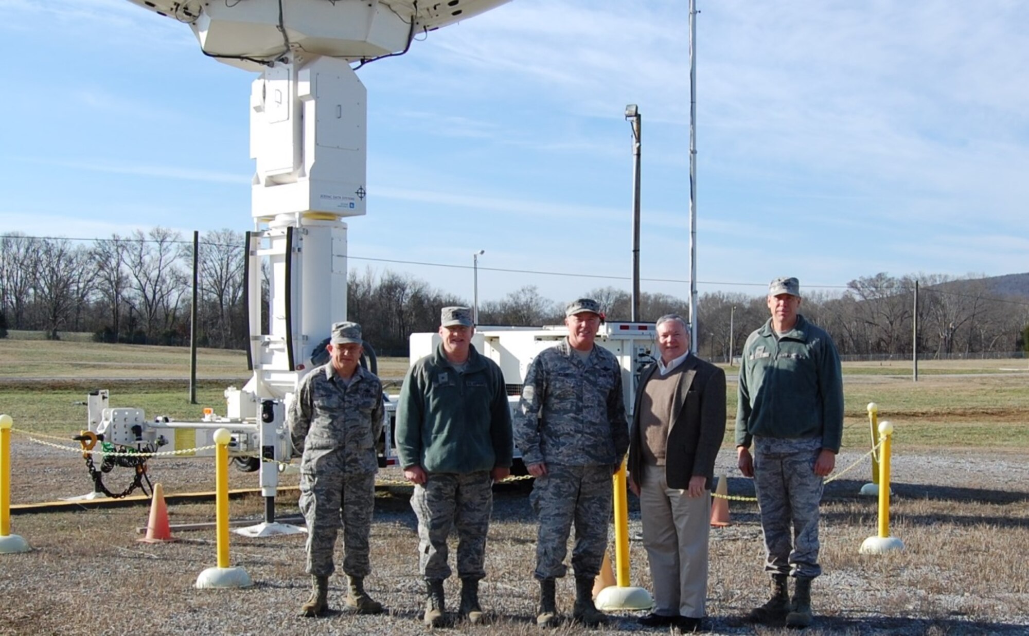 From left, Senior Master Sgt. Eric Calvert, Noncommissioned Officer in Charge of Eagle Vision (EV) 6 satellite imagery, Brig. Gen. Paul Jacobs, Ala. Assistant Air Adjutant General, Lt. Gen. William Etter, Commander, Continental U.S. North American Aerospace Defense Command Region - 1st Air Force (Air Forces Northern), Mr. James Clark, Director, Intelligence, Surveillance and Reconnaissance Innovation and Col. Gary Kirk, 226th Combat Communications Group commander, visit the EV 6 satellite imagery site at Redstone Arsenal, Ala., Jan 9, 2015. The EV program provides support to wartime operations, natural disaster relief operations and Homeland Defense preparations by correlating and formatting satellite images to desired user requirements. (U.S. Air National Guard photo by Chief Master Sgt. Jeff Erwin / Released)