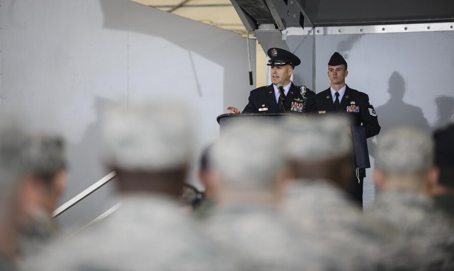 U.S. Air Force Lt. Col Jeffrey Hogan, 81st Fighter Squadron commander, addresses the crowd during activation ceremony and assumption of command Jan. 15, 2015, at Moody Air Force Base, Ga. The 81st FS will train up to 30 Afghan pilots and 90 maintainers on the A-29 Super Tucano.  (U.S. Air Force photo by Senior Airman Sandra Marrero/Released)