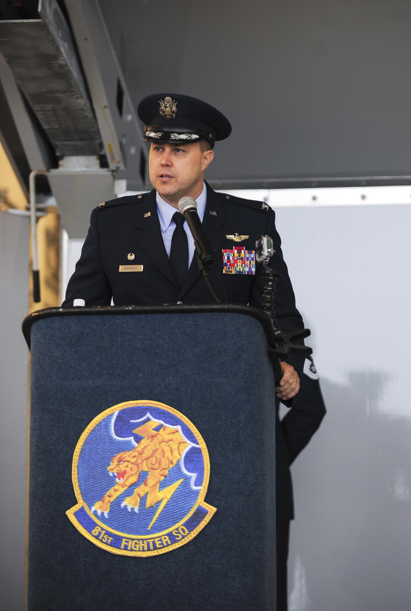 U.S. Air Force Col. John Nichols, 14th Flying Training Wing commander, addresses the crowd during an activation ceremony and assumption of command Jan. 15, 2015, at Moody Air Force Base, Ga. Nichols published the order to reactivate the 81st FS, which will train up to 30 Afghan pilots and 90 maintainers on the A-29 Super Tucano.  (U.S. Air Force photo by Senior Airman Sandra Marrero/Released)
