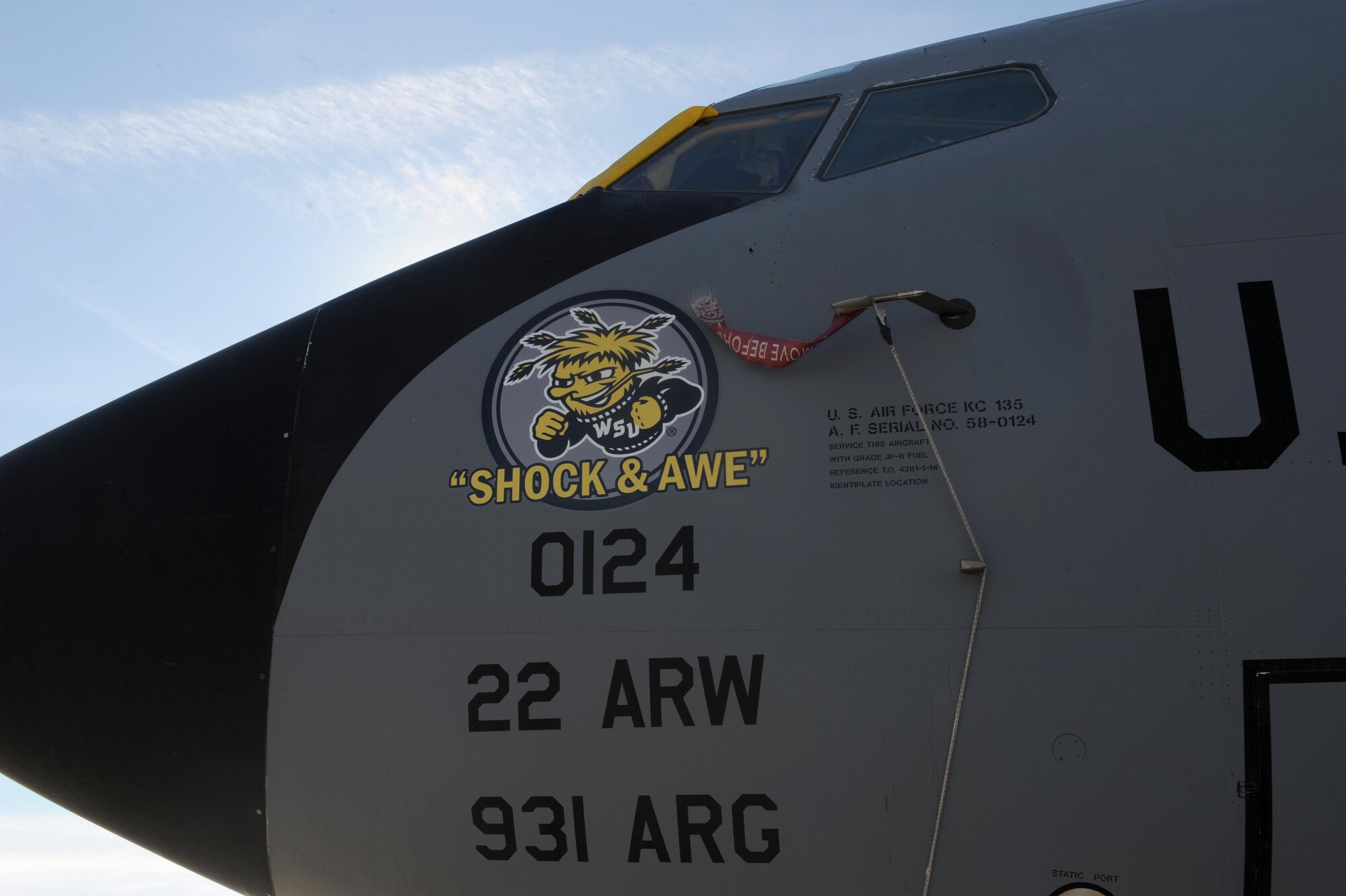 The “WuShock” is displayed on a KC-135R Stratotanker Jan. 12, at McConnell Air Force Base, Kan. The nose art was created to honor Wichita’s foremost educator, Wichita State University, for supporting Team McConnell through various education programs and community events. (U.S. Air Force photo/Airman 1st Class Tara Fadenrecht)