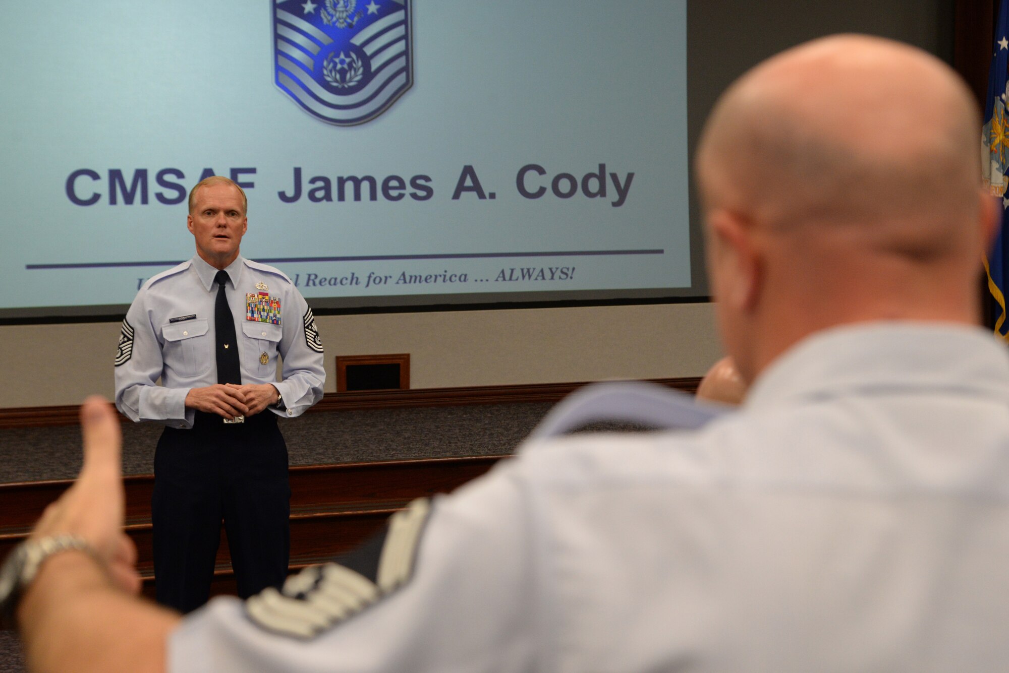 Chief Master Sgt. of the Air Force James Cody, talks to future chief master sergeants during the Chief Leadership Course January 12, 2015, at Scott Air Force Base, Illinois. Cody talked about professional military education, special duties, and the expanding the roles and responsibilities of NCO's.  (U.S. Air Force photo/ Senior Airman Tristin English)