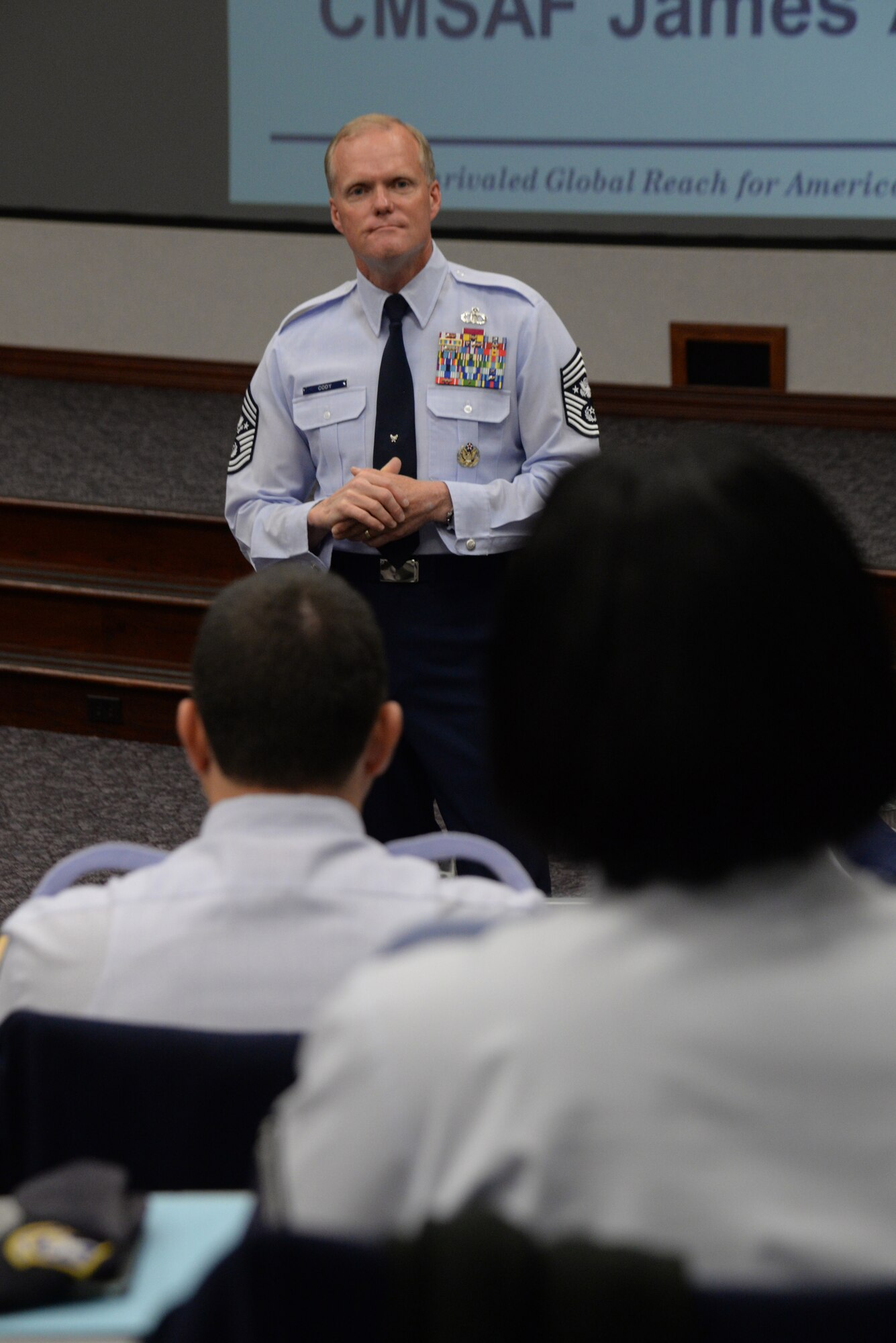 Chief Master Sgt. of the Air Force James Cody, talks to future chief master sergeants during the Chief Leadership Course January 12, 2015, at Scott Air Force Base, Illinois. Cody talked about professional military education, special duties, and the expanding the roles and responsibilities of NCO's.  (U.S. Air Force photo/ Senior Airman Tristin English)