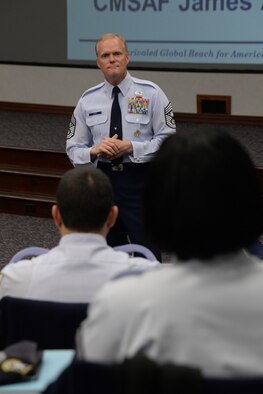 Chief Master Sgt. of the Air Force James Cody, talks to future chief master sergeants during the Chief Leadership Course January 12, 2015, at Scott Air Force Base, Illinois. Cody talked about professional military education, special duties, and the expanding the roles and responsibilities of NCO's.  (U.S. Air Force photo/ Senior Airman Tristin English)
