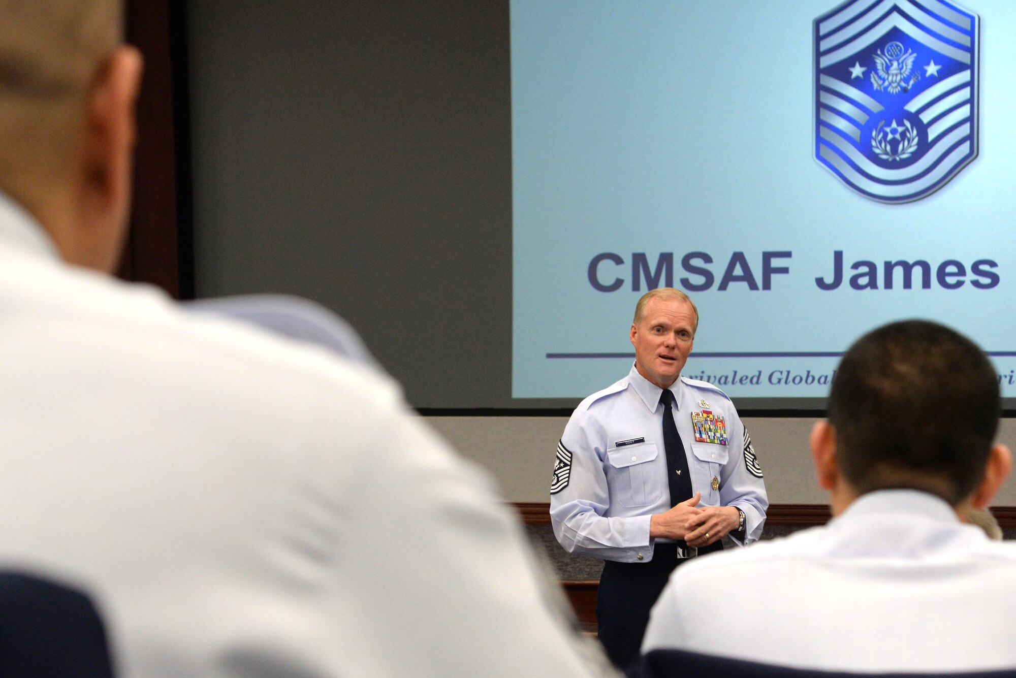 Chief Master Sgt. of the Air Force James Cody, talks to future chief master sergeants during the Chief Leadership Course January 12, 2015, at Scott Air Force Base, Illinois. Cody talked about physical training being removed from the enlisted performance reports and why they were taken off, the change of the EPR overall and helping airmen. (U.S. Air Force photo/ Senior Airman Tristin English)