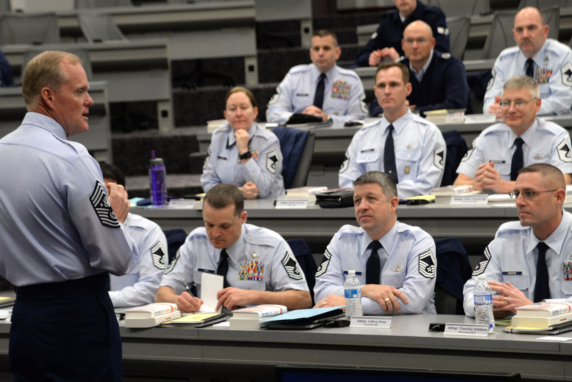 Chief Master Sgt. of the Air Force James Cody, talks to future chief master sergeants during the Chief Leadership Course January 12, 2015, at Scott Air Force Base, Illinois. Cody talked about professional military education, special duties, and the expanding the roles and responsibilities of NCO's.  (U.S. Air Force photo/ Senior Airman Tristin English)