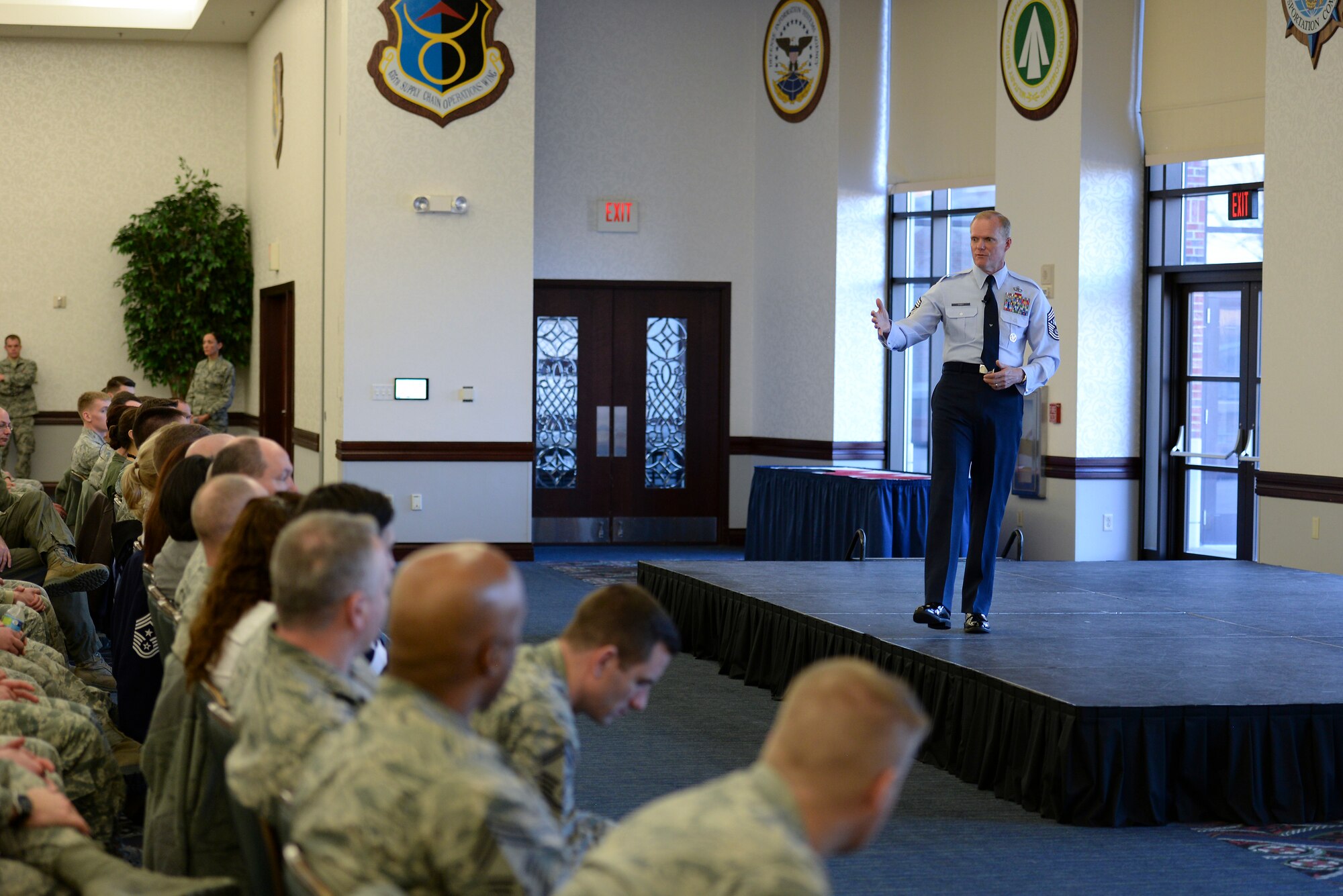 Chief Master Sgt. of the Air Force James Cody speaks during an all-call at Scott Air Force Base, Illinois, Jan. 12, 2015. Cody answered questions from the crowd and talked about a variety of topics including performance reports, education and special duty assignments. (U.S. Air Force photo/Staff Sgt. Jonathan Fowler)