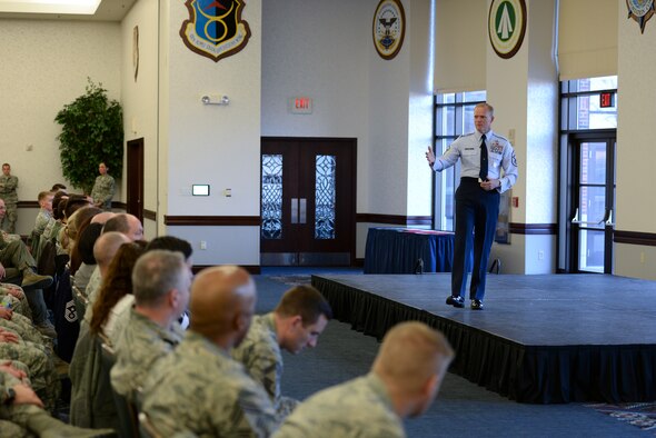 Chief Master Sgt. of the Air Force James Cody speaks during an all-call at Scott Air Force Base, Illinois, Jan. 12, 2015. Cody answered questions from the crowd and talked about a variety of topics including performance reports, education and special duty assignments. (U.S. Air Force photo/Staff Sgt. Jonathan Fowler)