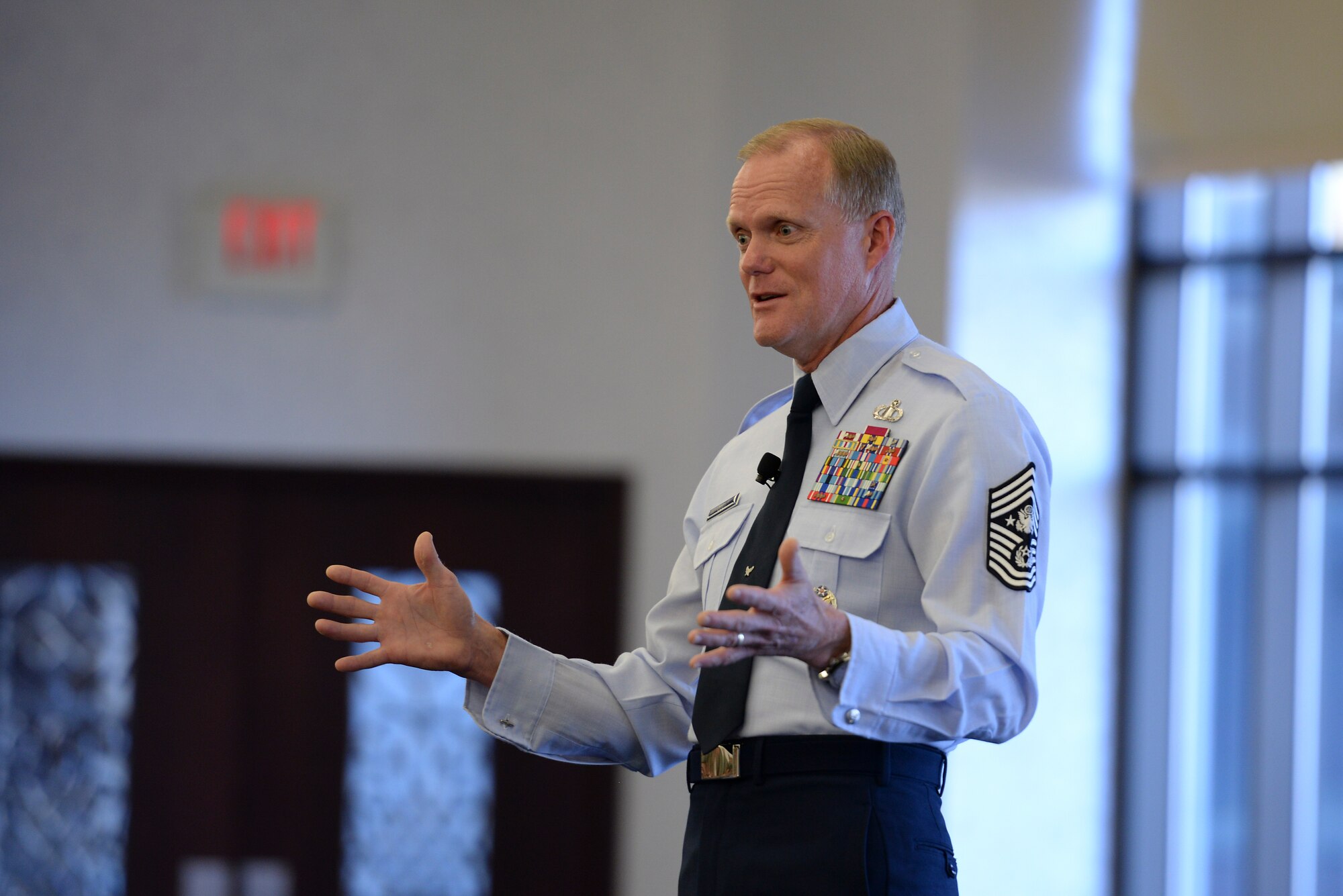 Chief Master Sgt. of the Air Force James Cody speaks during an all-call at Scott Air Force Base, Illinois, Jan. 12, 2015. Cody answered questions from the crowd and talked about a variety of topics including performance reports, education and special duty assignments. (U.S. Air Force photo/Staff Sgt. Jonathan Fowler)