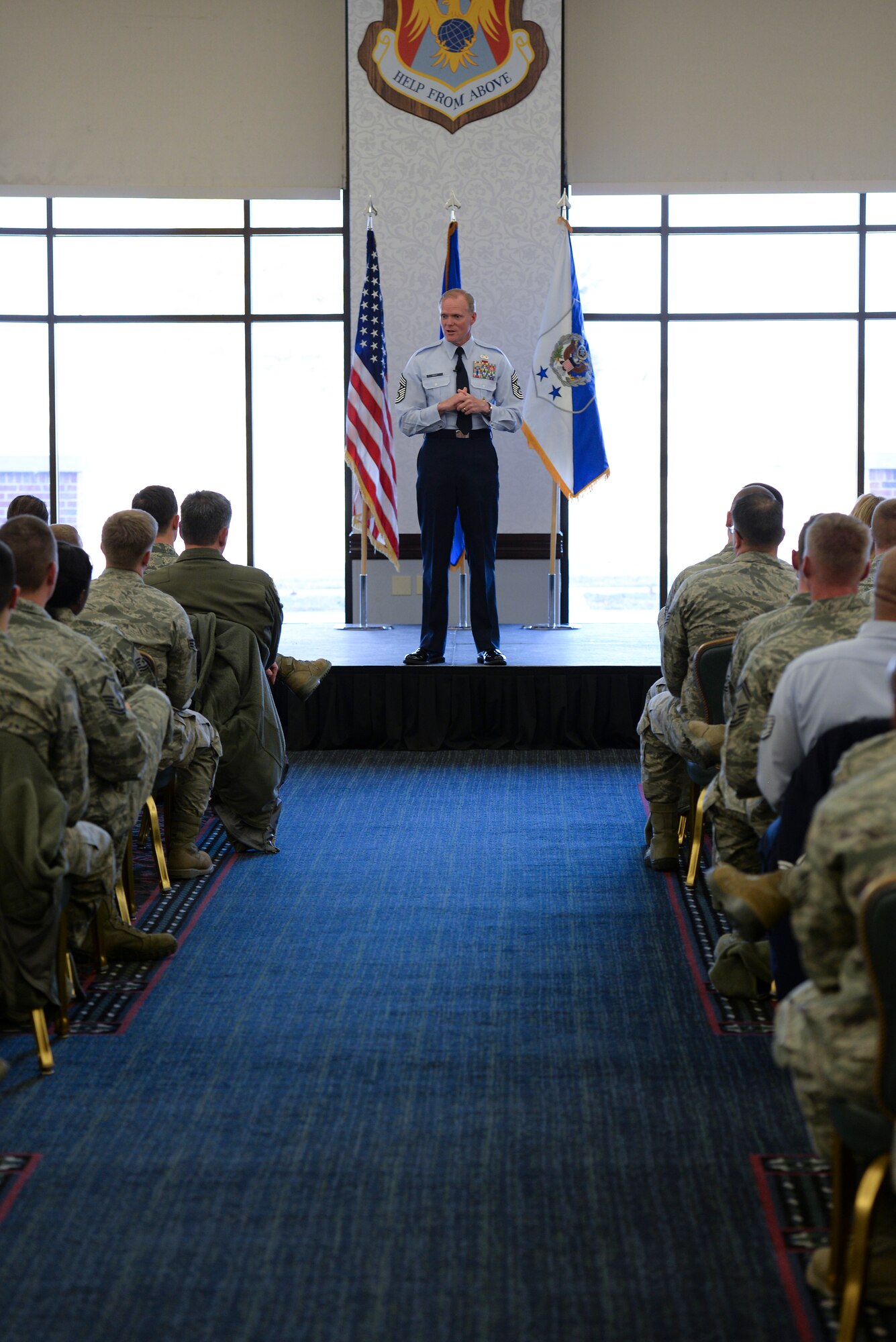 Chief Master Sgt. of the Air Force James Cody speaks during an all-call at Scott Air Force Base, Illinois, Jan. 12, 2015. Cody answered questions from the crowd and talked about a variety of topics including performance reports, education and special duty assignments. (U.S. Air Force photo/Staff Sgt. Jonathan Fowler)