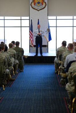 Chief Master Sgt. of the Air Force James Cody speaks during an all-call at Scott Air Force Base, Illinois, Jan. 12, 2015. Cody answered questions from the crowd and talked about a variety of topics including performance reports, education and special duty assignments. (U.S. Air Force photo/Staff Sgt. Jonathan Fowler)