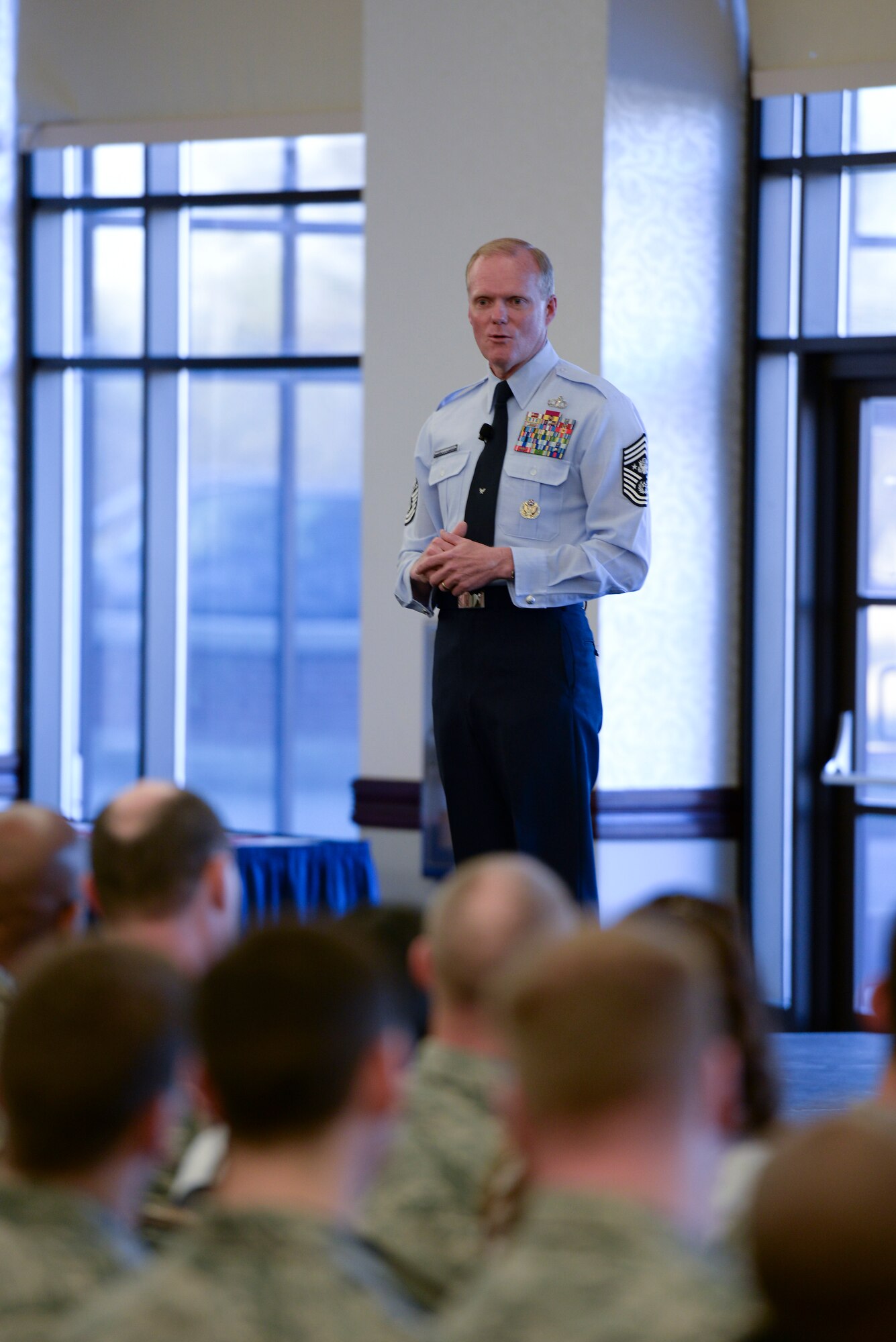 Chief Master Sgt. of the Air Force James Cody speaks during an all-call at Scott Air Force Base, Illinois, Jan. 12, 2015. Cody answered questions from the crowd and talked about a variety of topics including performance reports, education and special duty assignments. (U.S. Air Force photo/Staff Sgt. Jonathan Fowler)