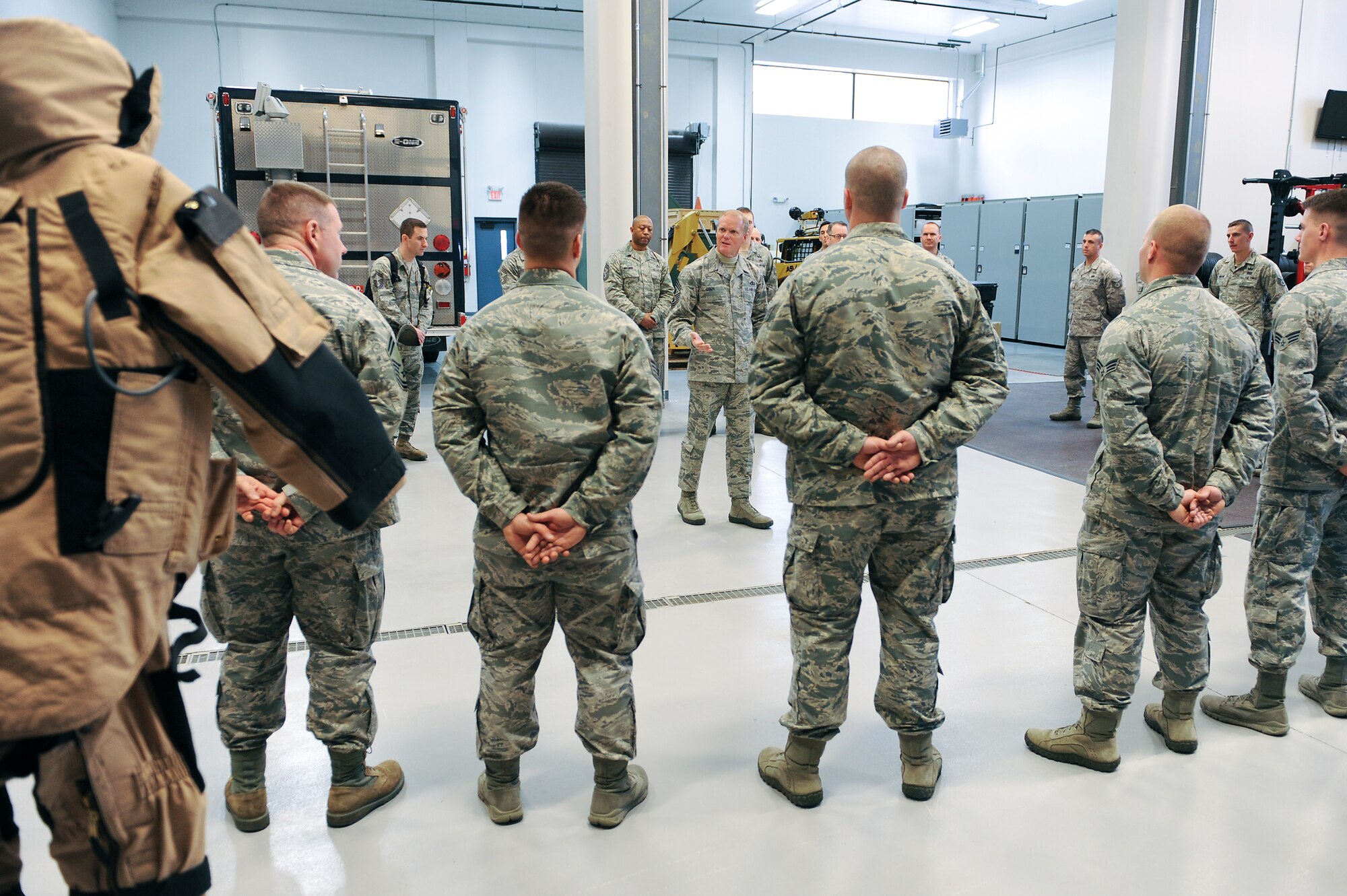 Chief Master Sgt. of the Air Force James Cody speaks with members of the 375th Civil Engineer Squadron explosives ordinance disposal flight during a visit to Scott Air Force Base, Illinois, Jan. 12, 2015. Cody shared some of his personal career experiences with the flight and thanked them for their hard work and dedication to the mission. (U.S. Air Force photo/Staff Sgt. Jonathan Fowler)