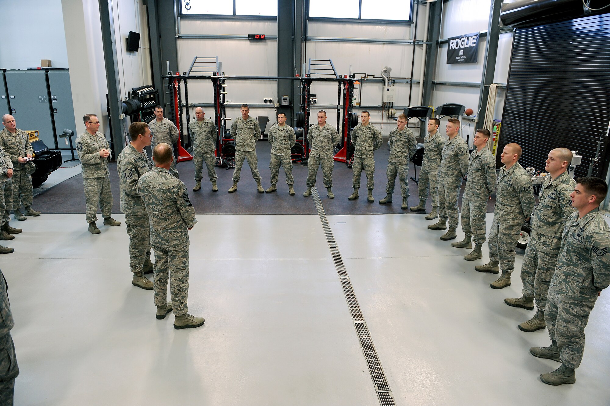 Chief Master Sgt. of the Air Force James Cody speaks with members of the 375th Civil Engineer Squadron explosives ordinance disposal flight during a visit to Scott Air Force Base, Illinois, Jan. 12, 2015. Cody shared some of his personal career experiences with the flight and thanked them for their hard work and dedication to the mission. (U.S. Air Force photo/Staff Sgt. Jonathan Fowler)
