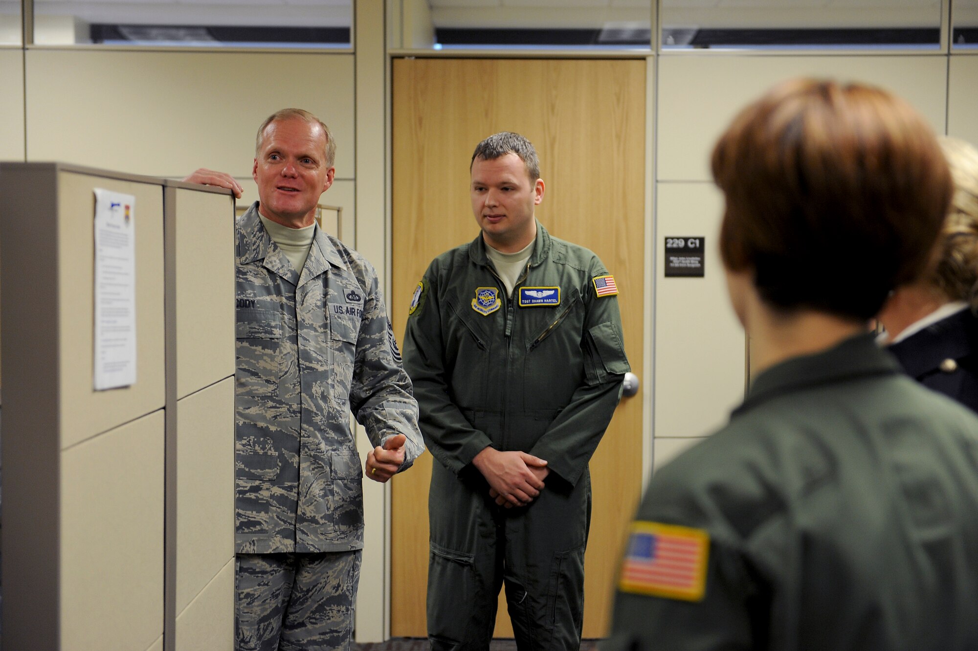 Chief Master Sgt. of the Air Force James Cody speaks with members of the 54th Airlift Squadron during a tour at Scott Air Force Base, Illinois, Jan. 12, 2015. Cody visited a number of units around the base such as the 375th OG, 375th Communications Group and Air Mobility Command. (U.S. Air Force photo/Staff Sgt. Jonathan Fowler)