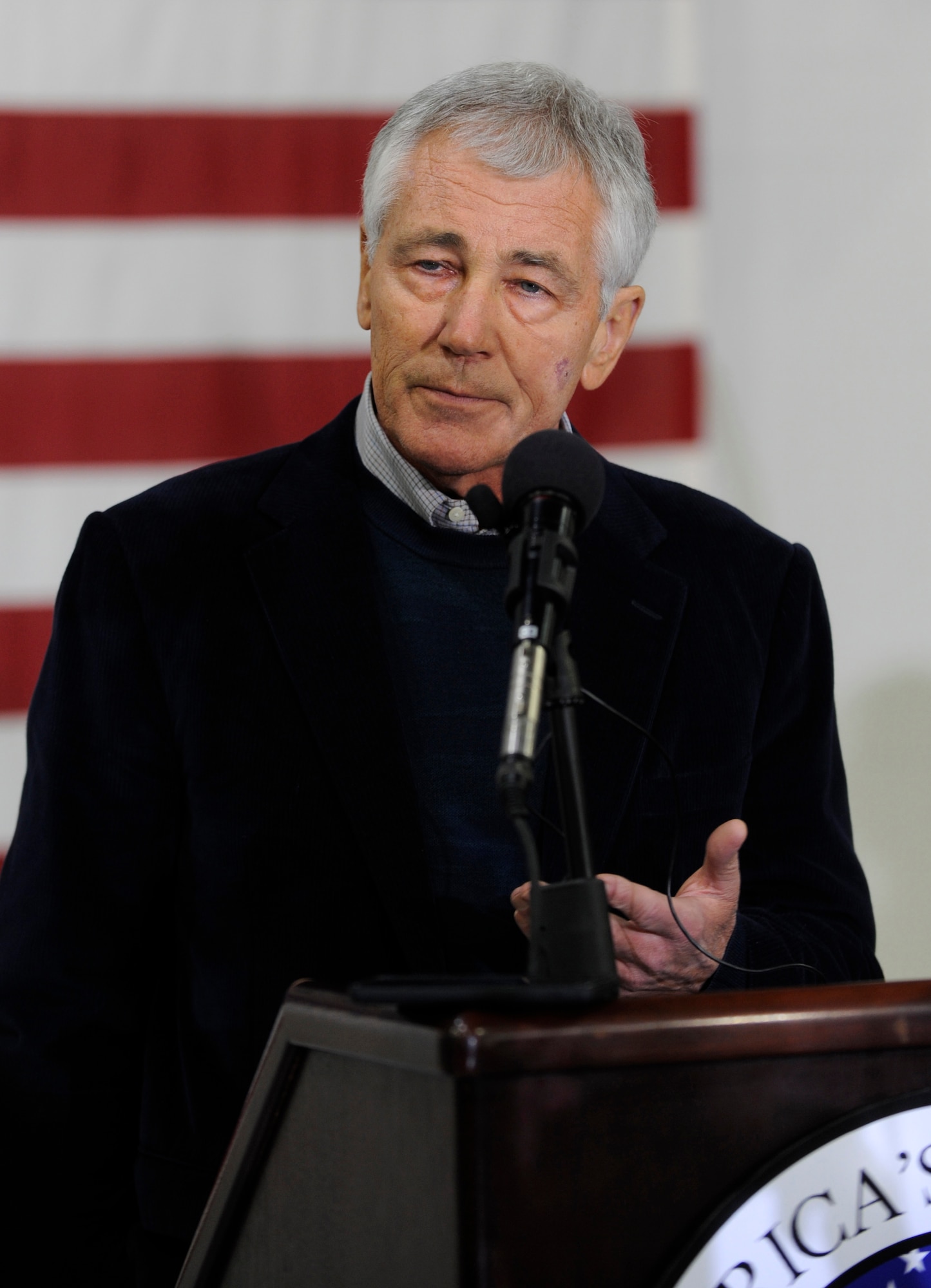 Defense Secretary Chuck Hagel speaks to a few hundred Airmen at Whiteman Air Force Base, Mo., Jan. 13, 2015 during his farewell tour of U.S. military bases. Hagel discussed the vital role the 509th Bomb Wing executes in terms of strategic deterrence. He explained that strategic deterrence is designed to assure any adversary we may face that there is a sufficient deterrent ready and available everyday should they be considering action against our country or its allies. (U.S. Air Force photo by Staff Sgt. Alexandra M. Boutte/Released)