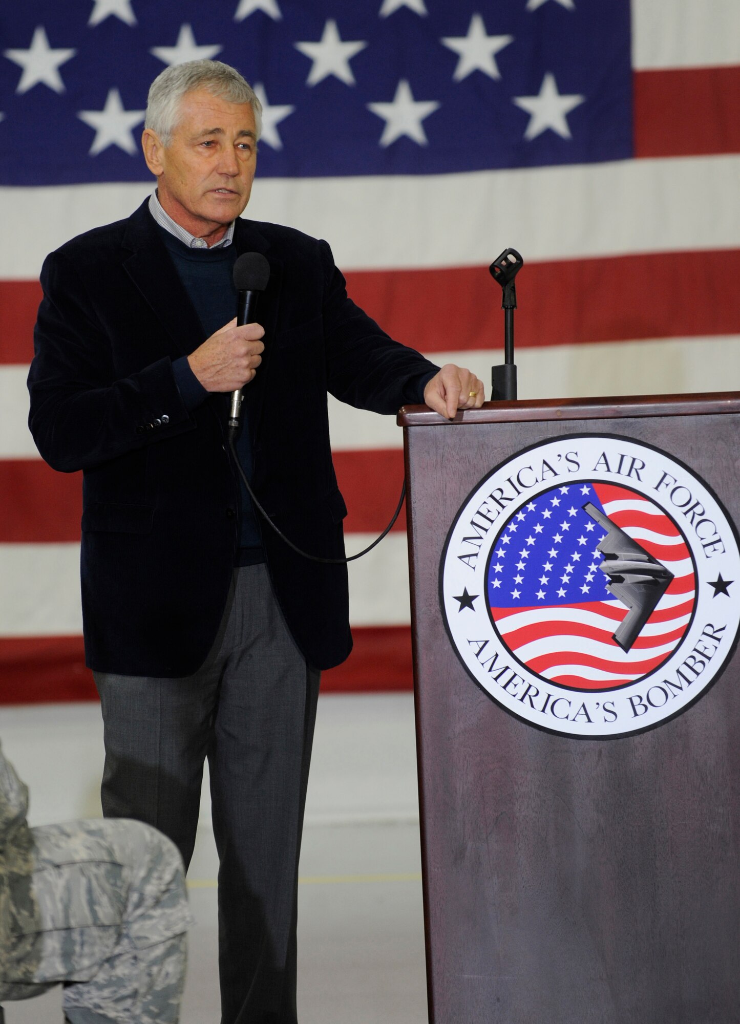 Defense Secretary Chuck Hagel speaks to a few hundred Airmen at Whiteman Air Force Base, Mo., Jan. 13, 2015 during his farewell tour of U.S. military bases. He said he has kept his focus on ensuring that the U.S. military does not fall behind in technology in spite of tighter budgets.  (U.S. Air Force photo by Staff Sgt. Alexandra M. Boutte/Released)